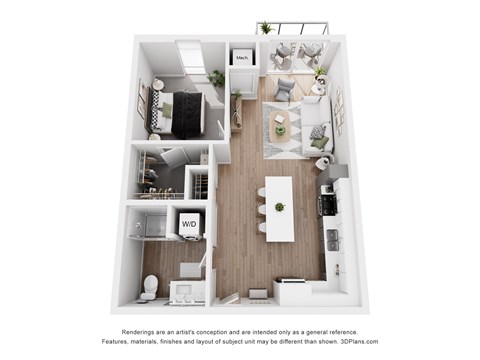 A 3D floor plan of a small apartment with a kitchen, living room, and bathroom.